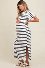 PinkBlush navy striped side slit maternity maxi dress