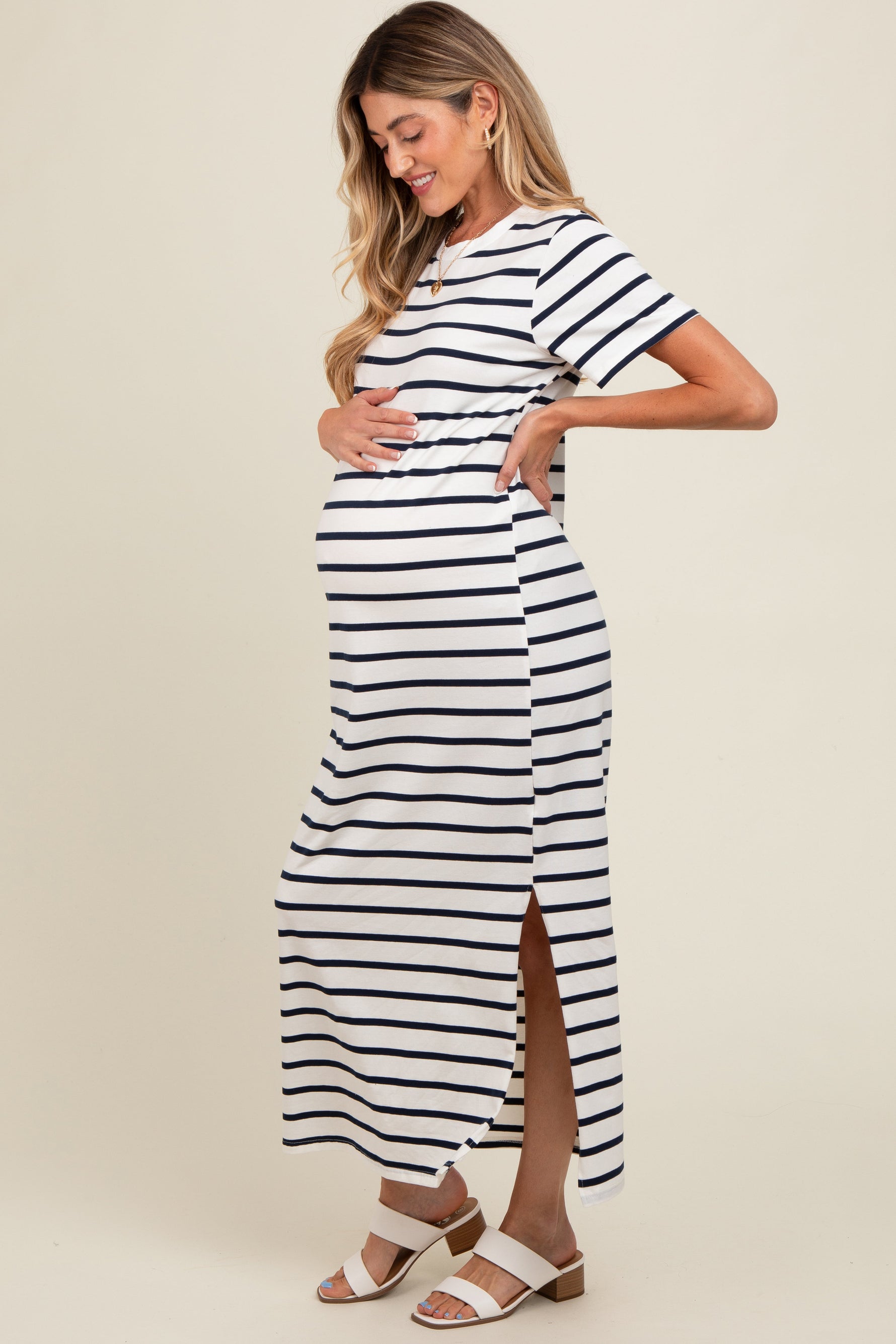 PinkBlush navy striped side slit maternity maxi dress