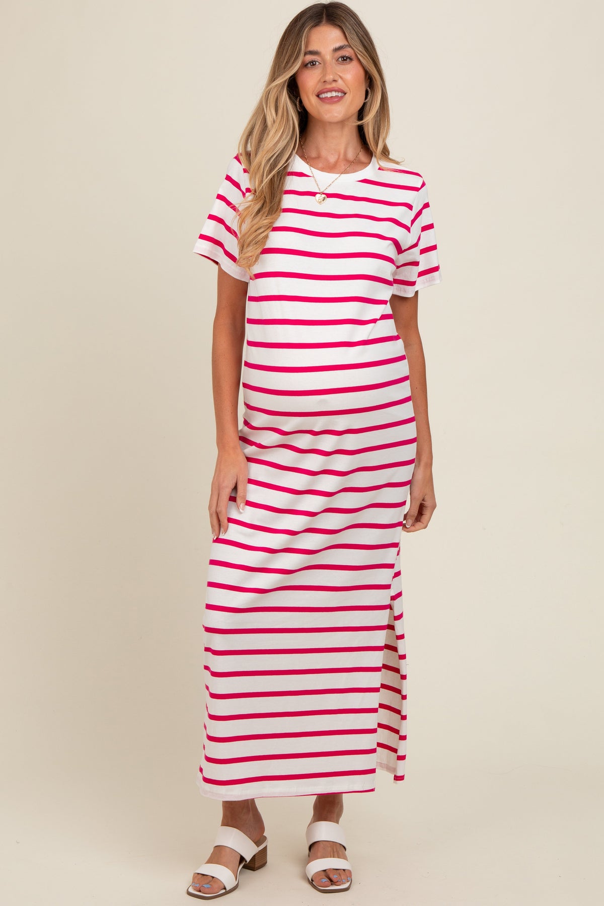 Fuchsia Striped Side Slit Maternity Maxi Dress by PinkBlush at Everetts Place