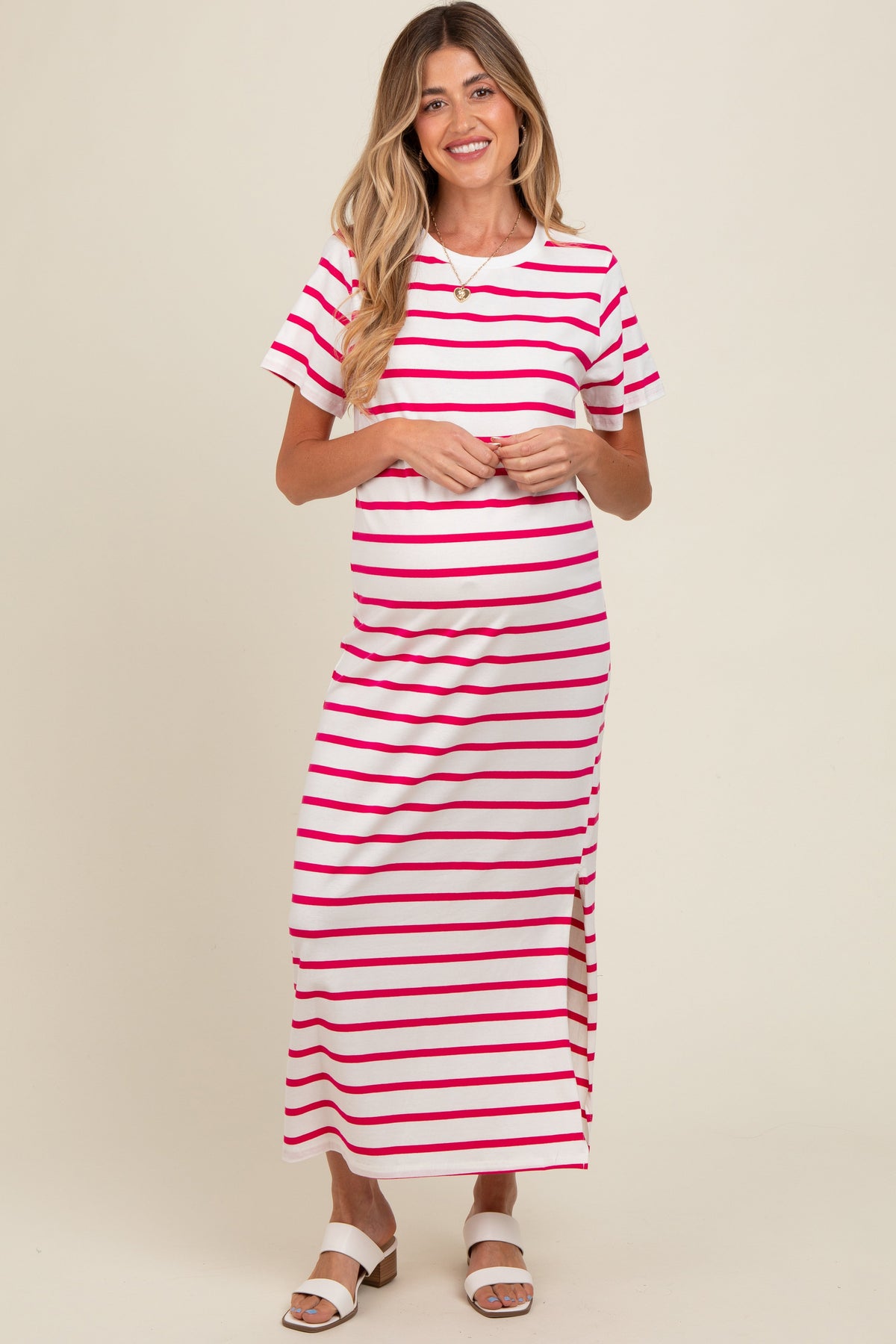 Fuchsia Striped Side Slit Maternity Maxi Dress by PinkBlush at Everetts Place