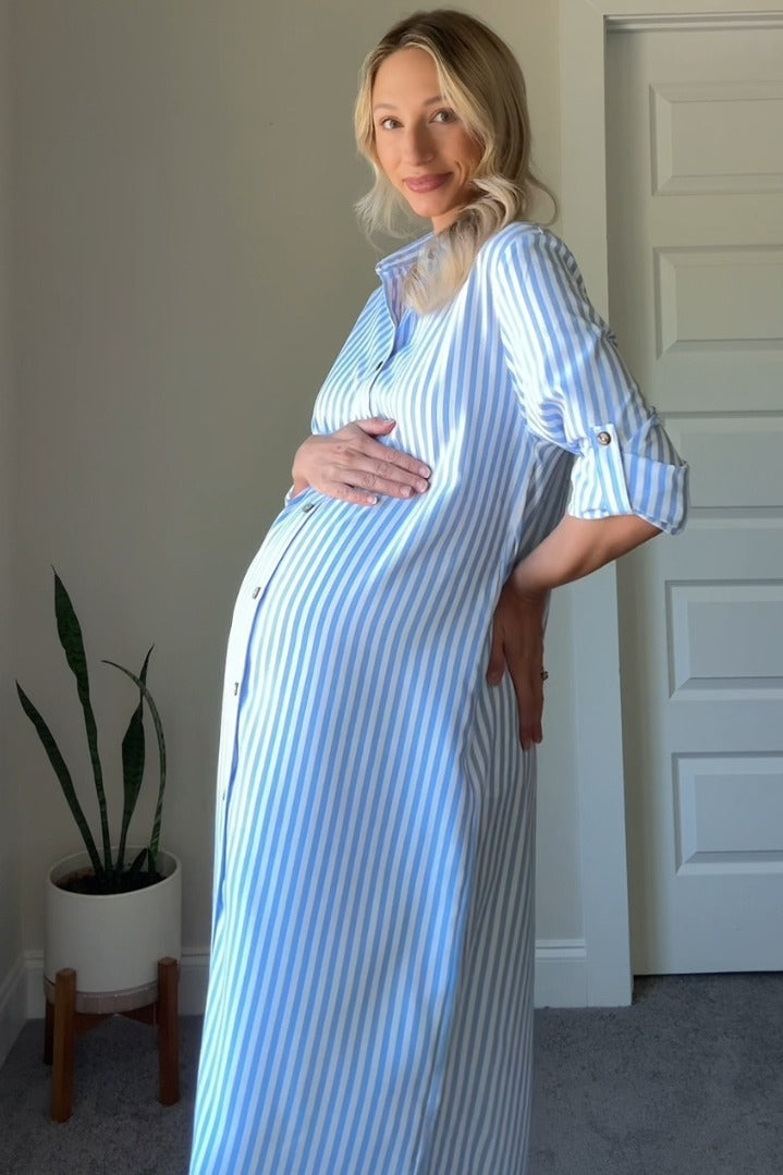 Light Blue Striped Button Down Maternity Maxi Dress by PinkBlush at Everetts Place