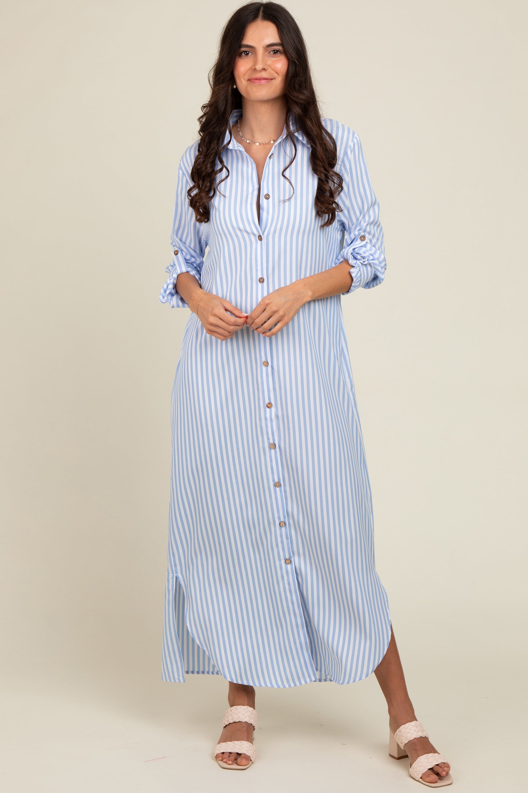 PinkBlush light blue striped button down maternity maxi dress