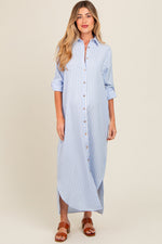 Light Blue Striped Button Down Maternity Maxi Dress by PinkBlush at Everetts Place