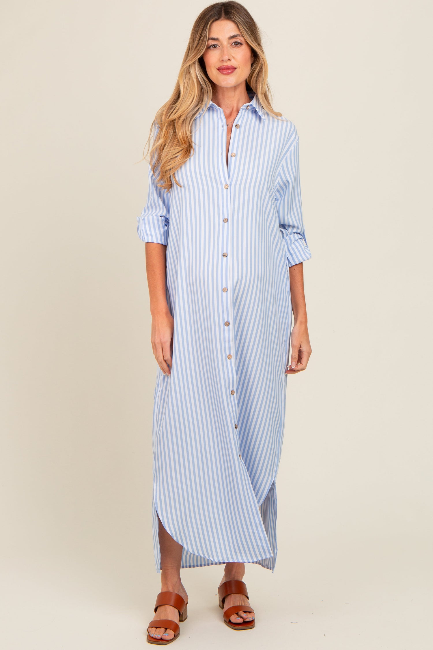 Light Blue Striped Button Down Maternity Maxi Dress by PinkBlush at Everetts Place