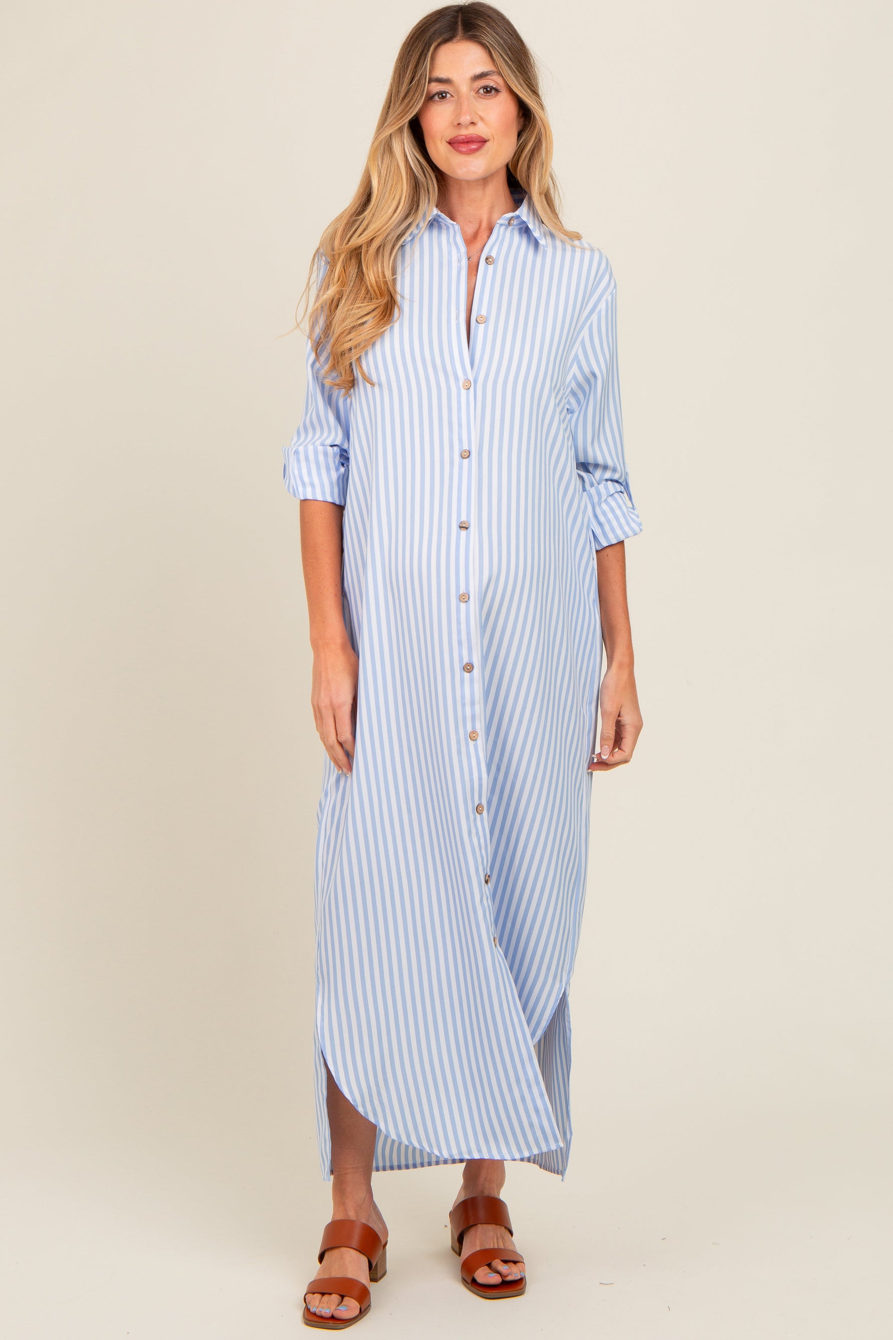 Light Blue Striped Button Down Maternity Maxi Dress by PinkBlush at Everetts Place