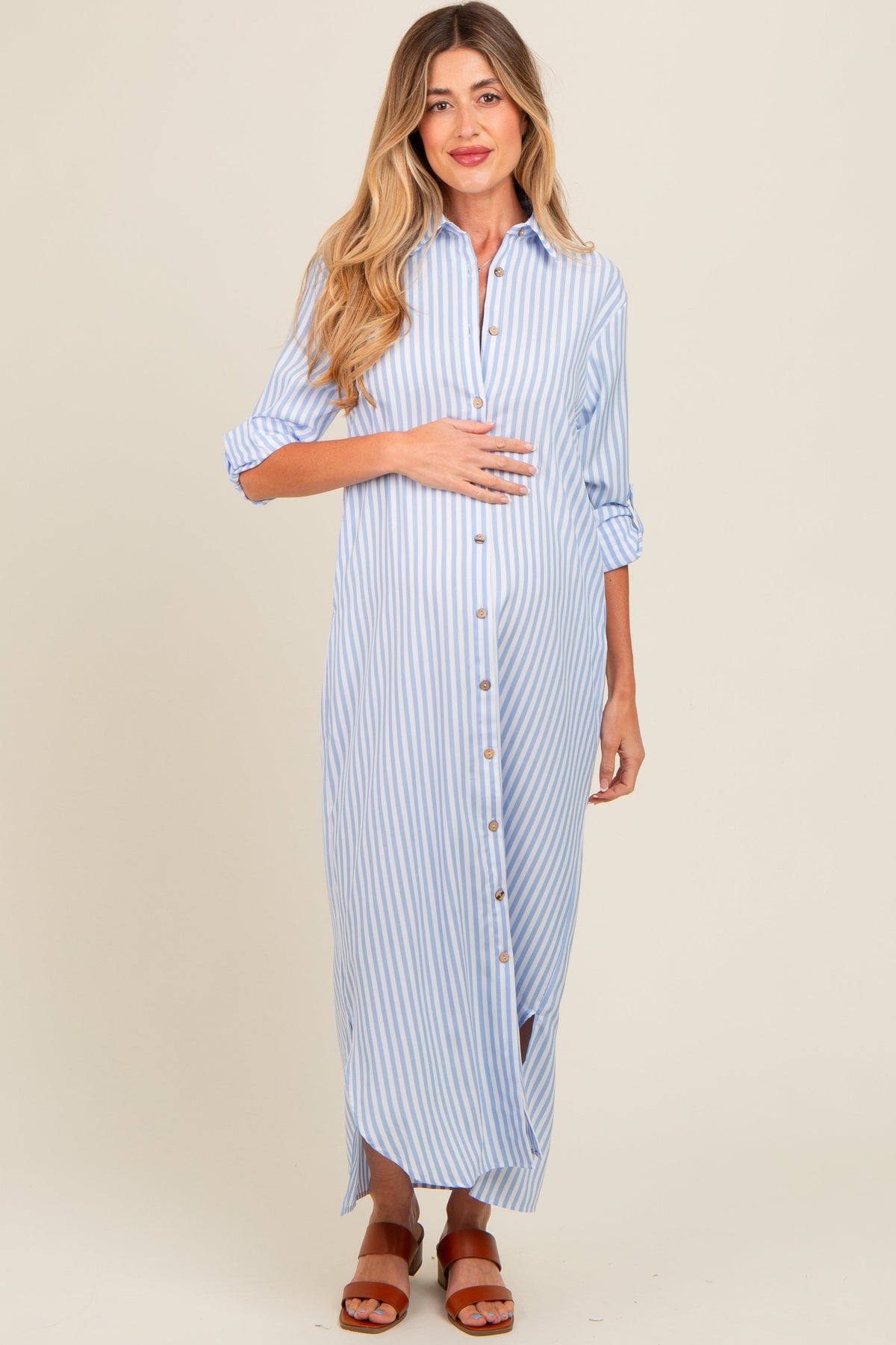 PinkBlush light blue striped button-down maternity maxi dress.