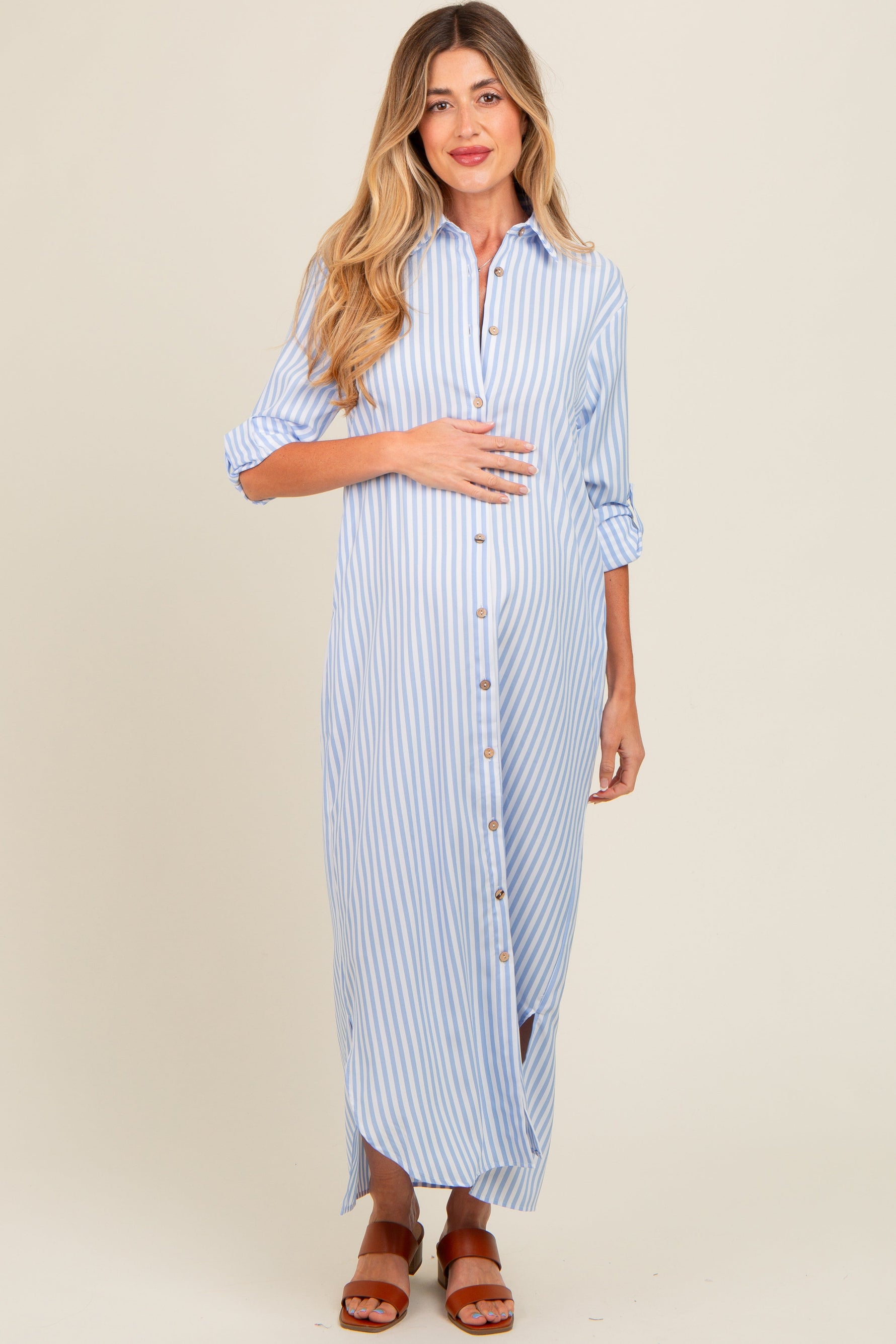 PinkBlush light blue striped button-down maternity maxi dress.