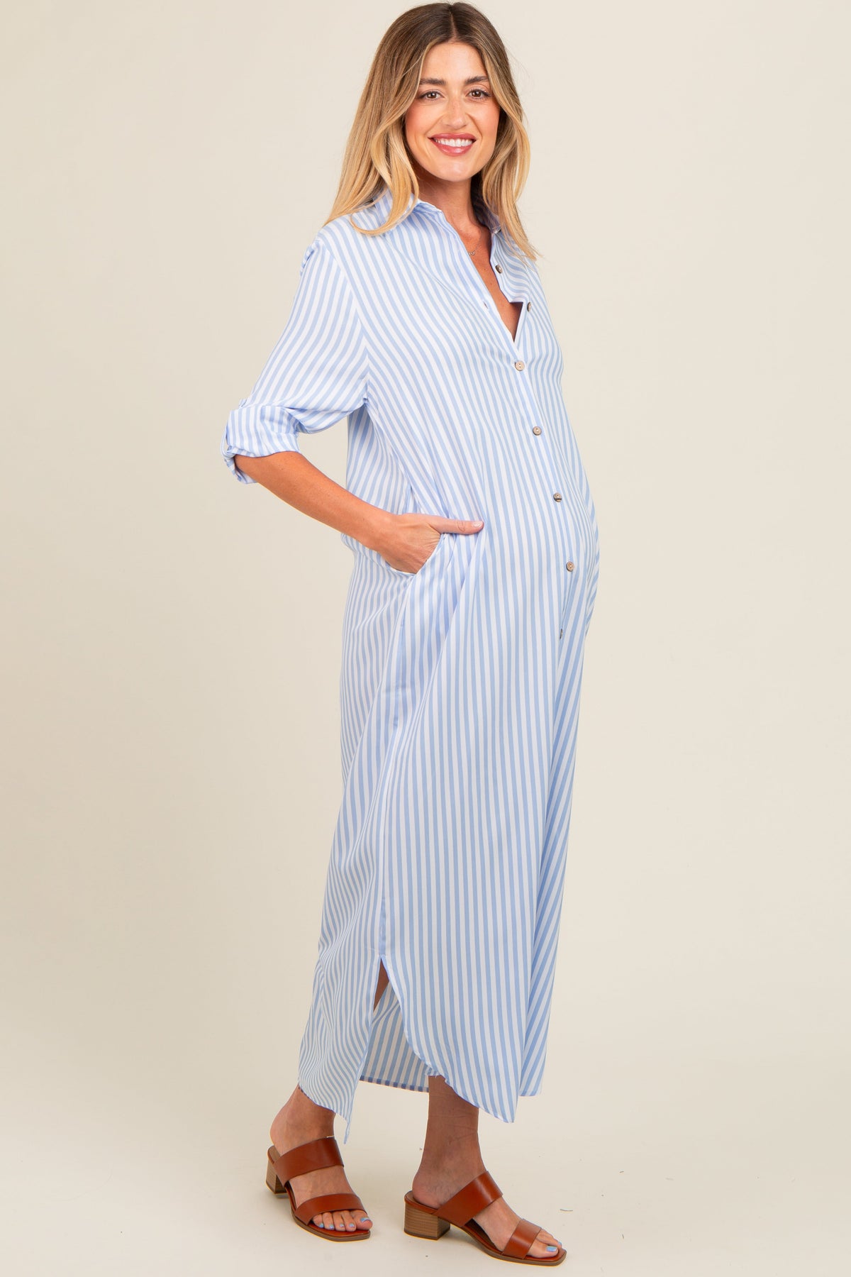 PinkBlush light blue striped button down maternity maxi dress