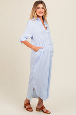 PinkBlush light blue striped button down maternity maxi dress