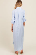 PinkBlush light blue striped button down maternity maxi dress.