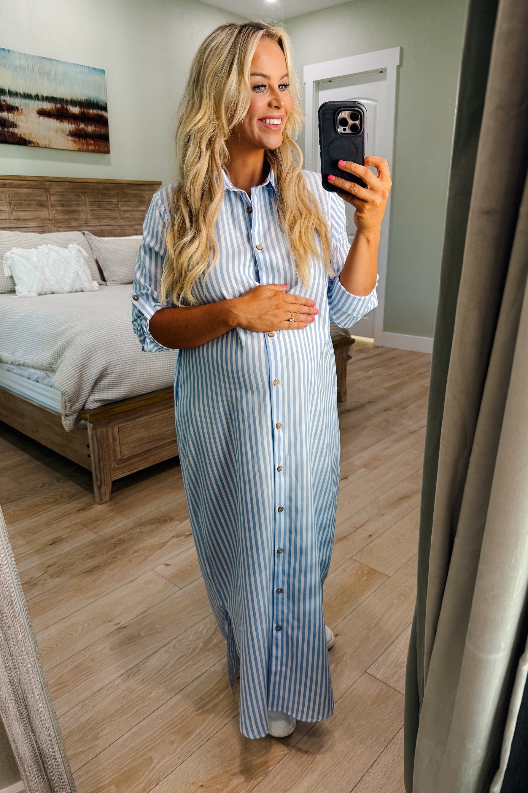 PinkBlush light blue striped button down maternity maxi dress