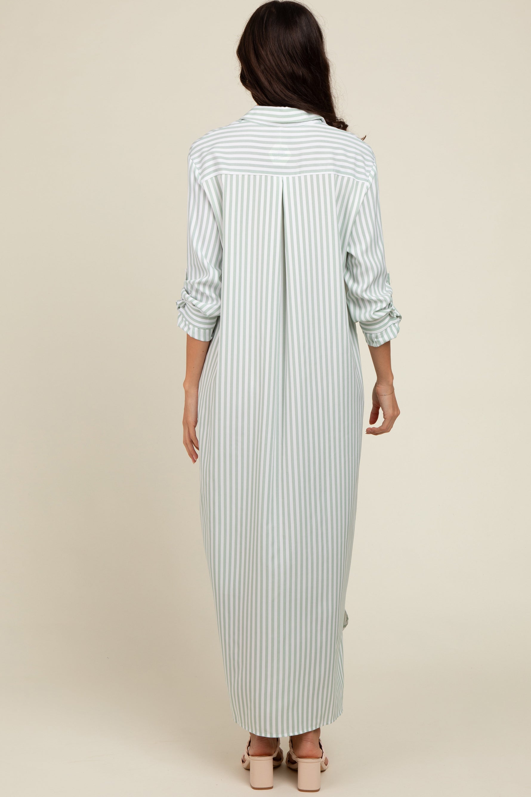 Light Olive Striped Button Down Maxi Dress by PinkBlush at Everetts Place
