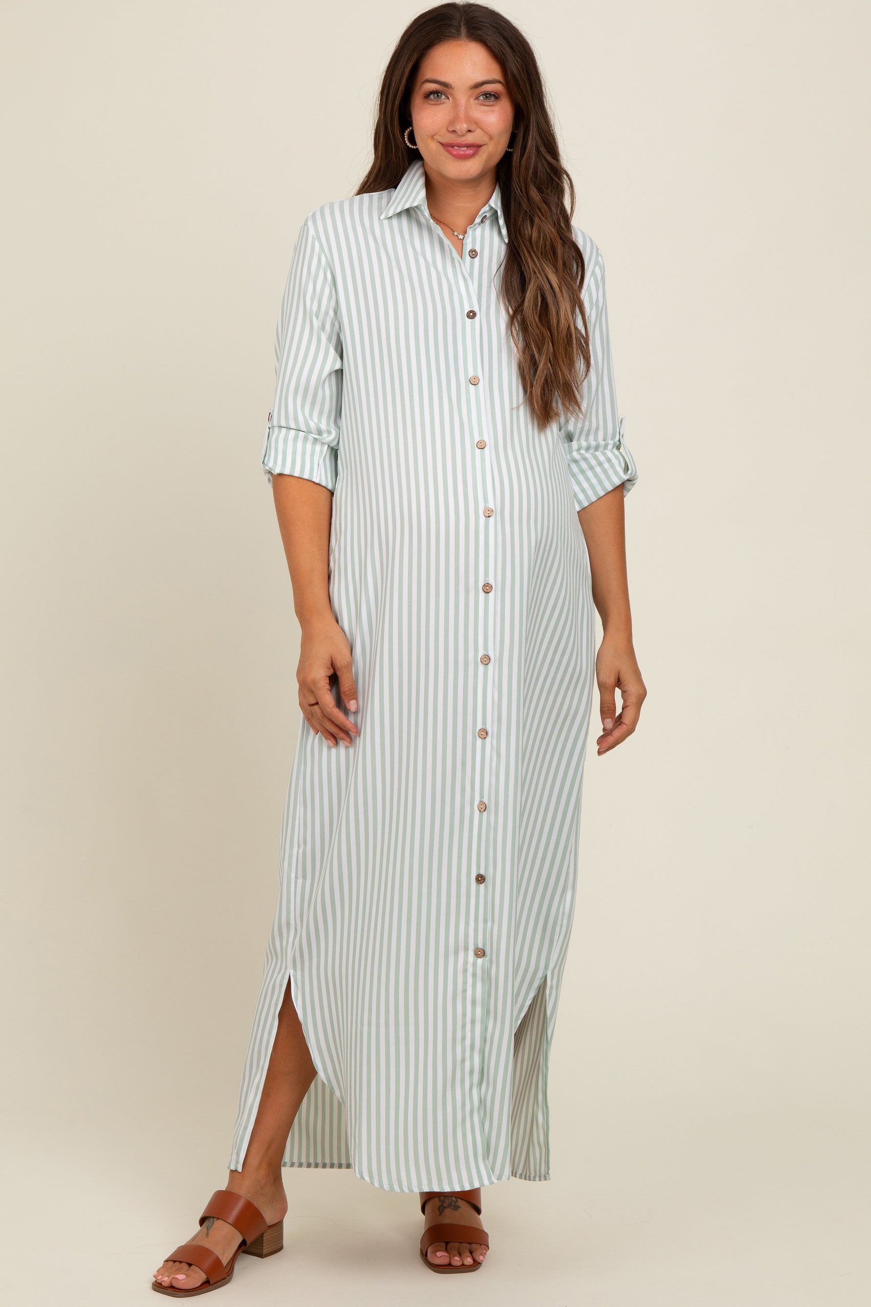 Light Olive Striped Button Down Maternity Maxi Dress by PinkBlush at Everetts Place