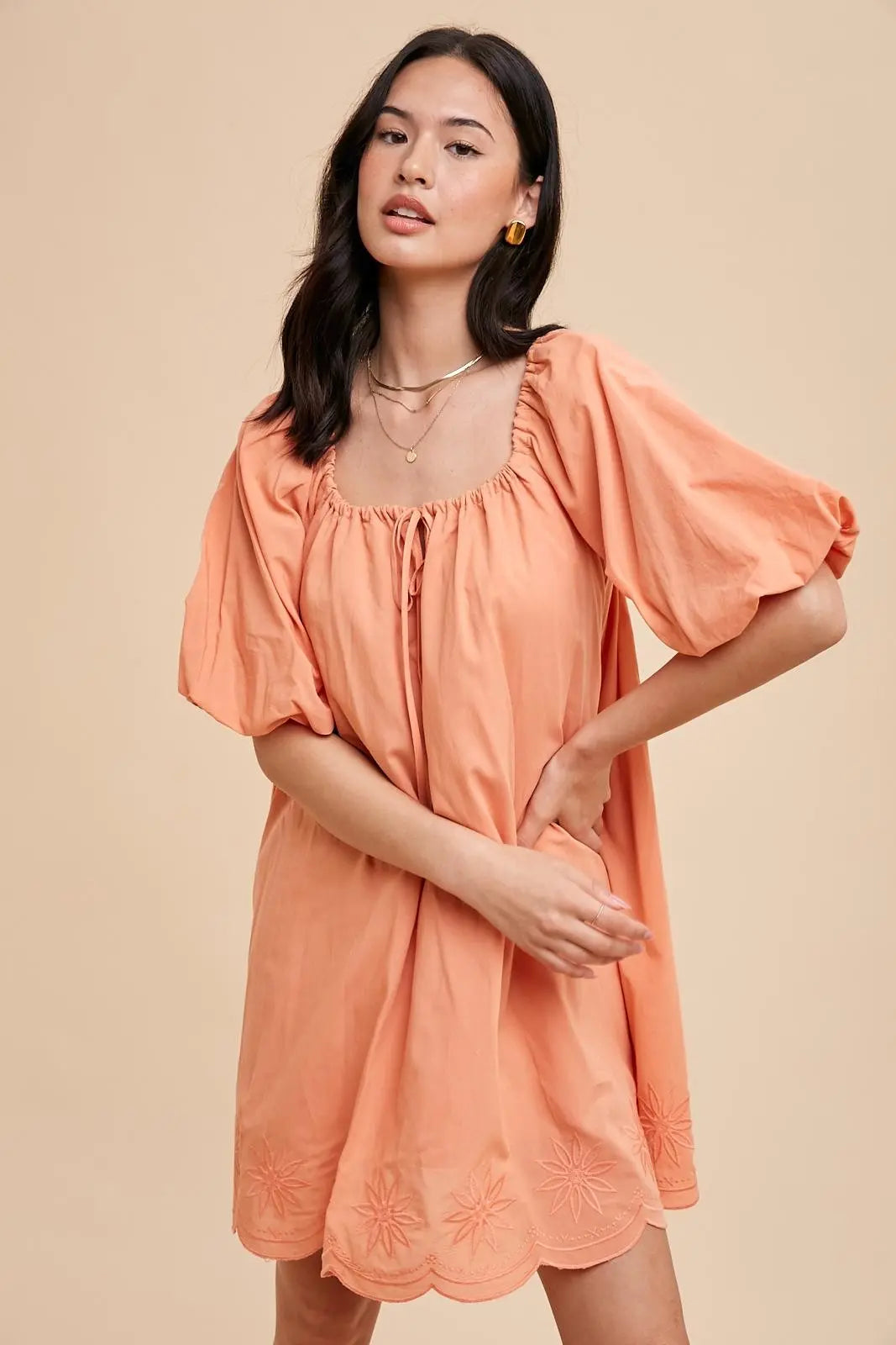 PinkBlush PinkBlush Peach Embroidered Puff Sleeve Maternity Dress for Expecting Moms - Apparel & Accessories > Clothing > Dresses