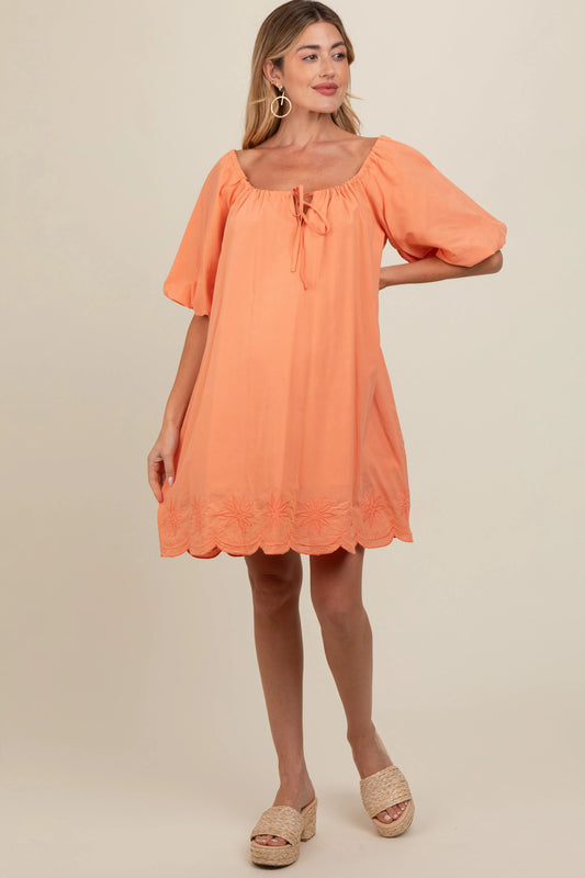 PinkBlush PinkBlush Peach Embroidered Puff Sleeve Maternity Dress for Expecting Moms - Apparel & Accessories > Clothing > Dresses