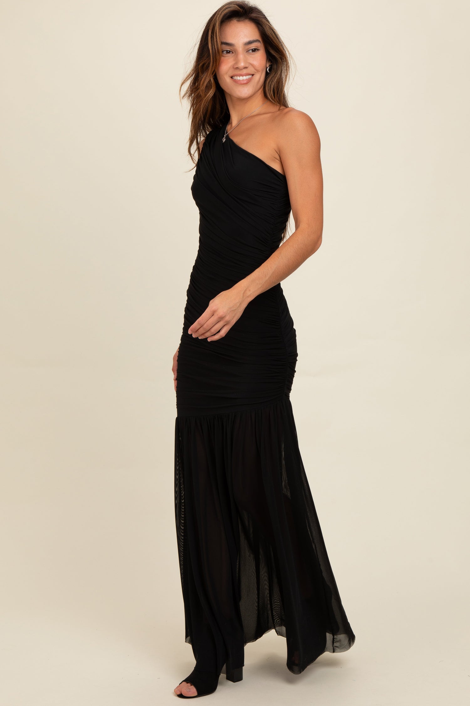 Ruched Mesh One Shoulder Maxi Dress