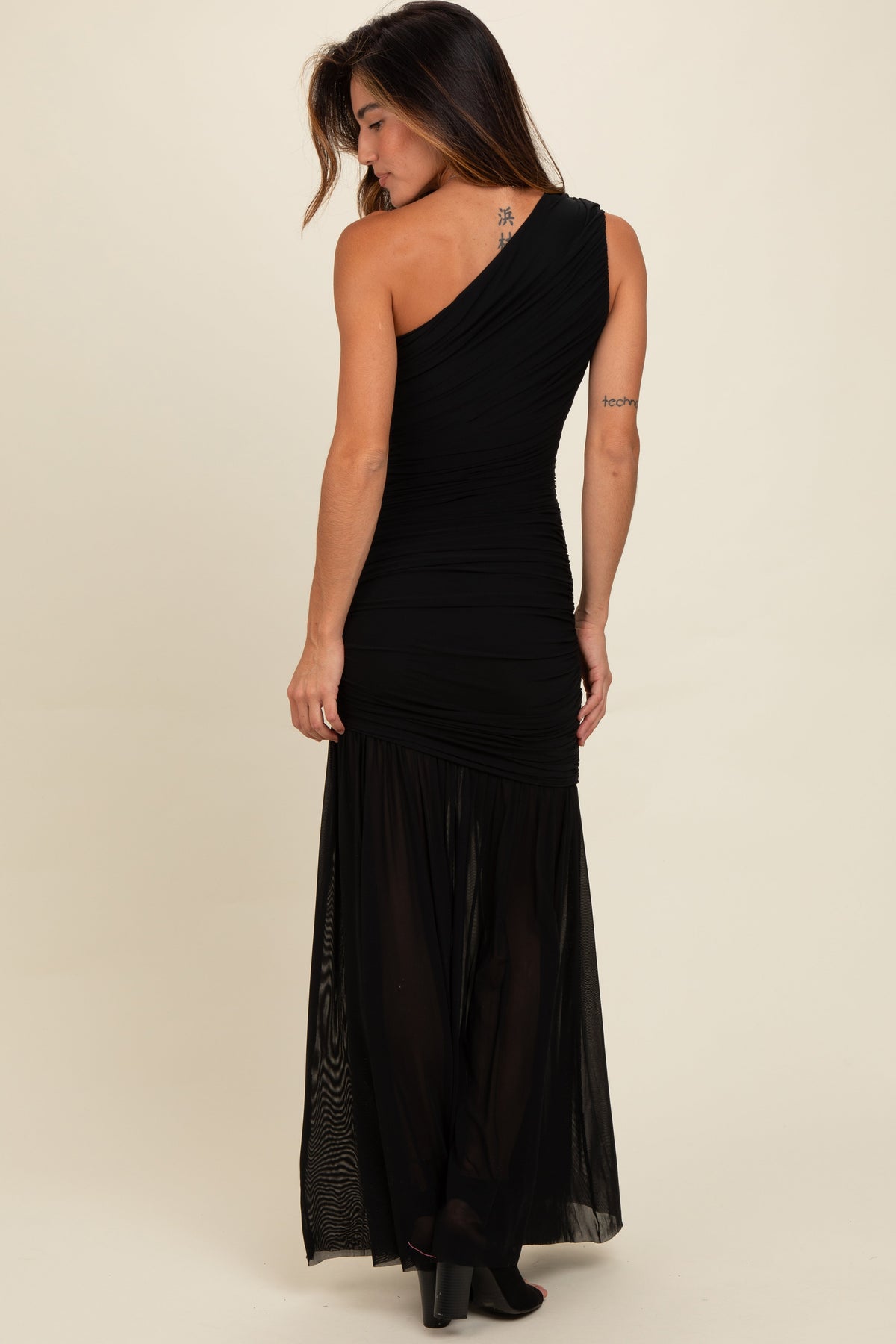 Ruched Mesh One Shoulder Maxi Dress by PinkBlush