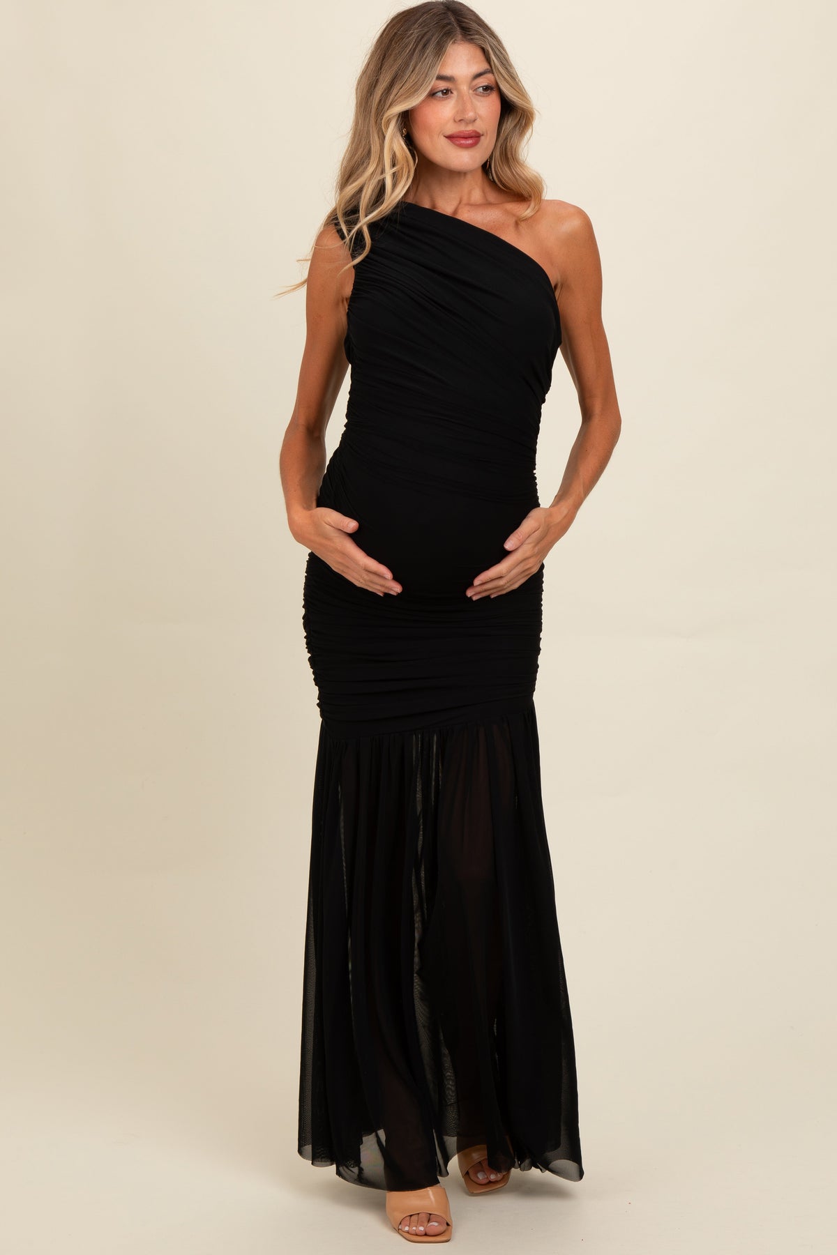 Ruched Mesh One Shoulder Maternity Maxi Dress by PinkBlush
