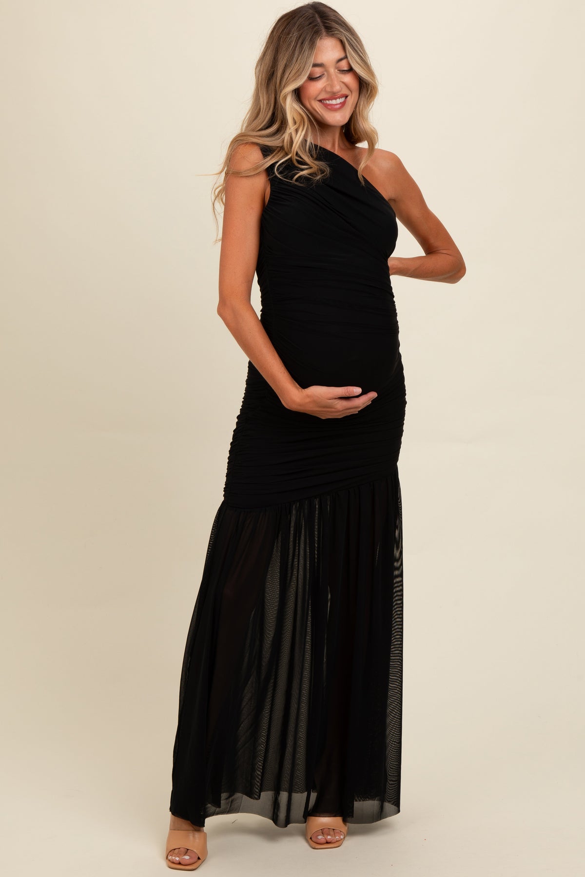 Ruched Mesh One Shoulder Maternity Maxi Dress by PinkBlush