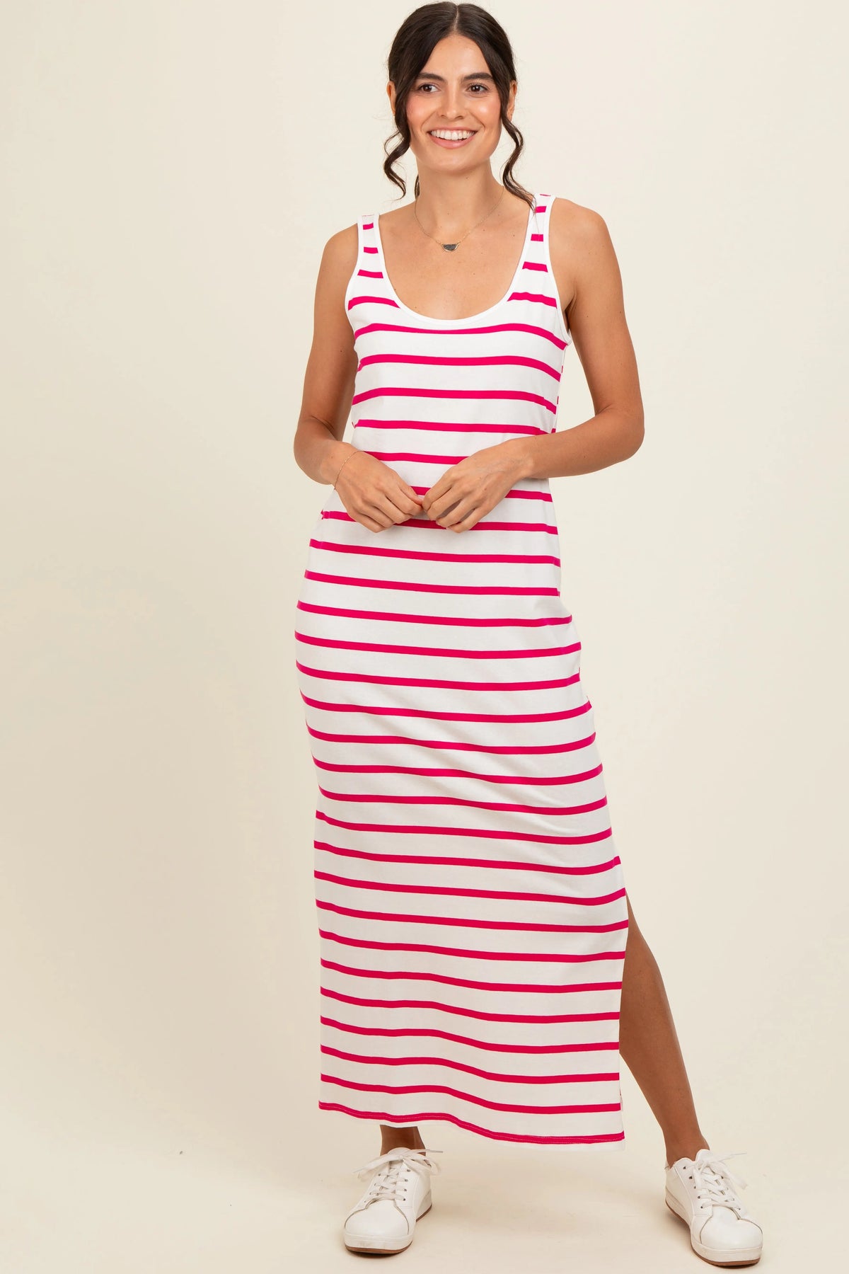 Fuchsia Striped Sleeveless Side Slit Maxi Dress PinkBlush 