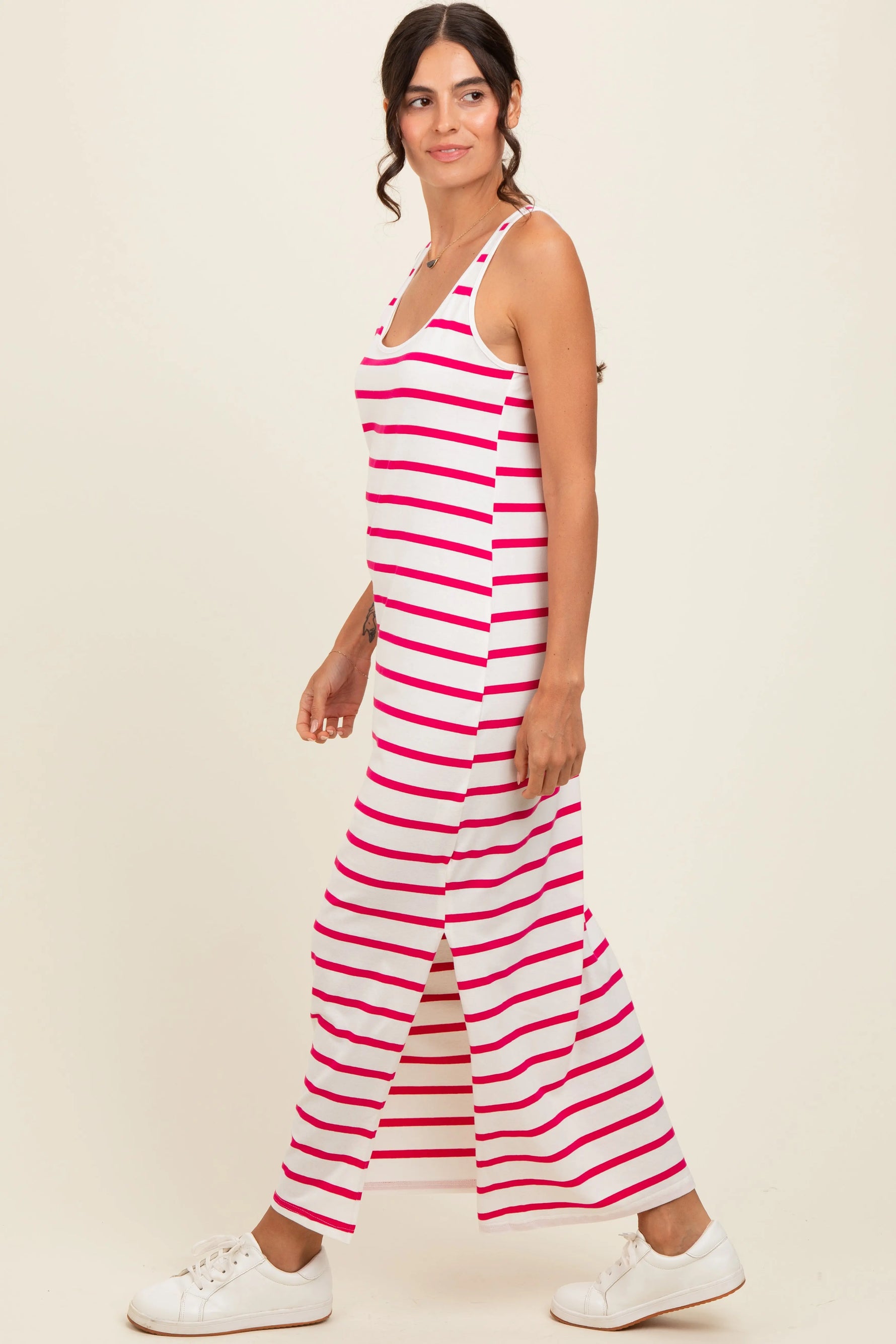 Fuchsia Striped Sleeveless Side Slit Maxi Dress PinkBlush 