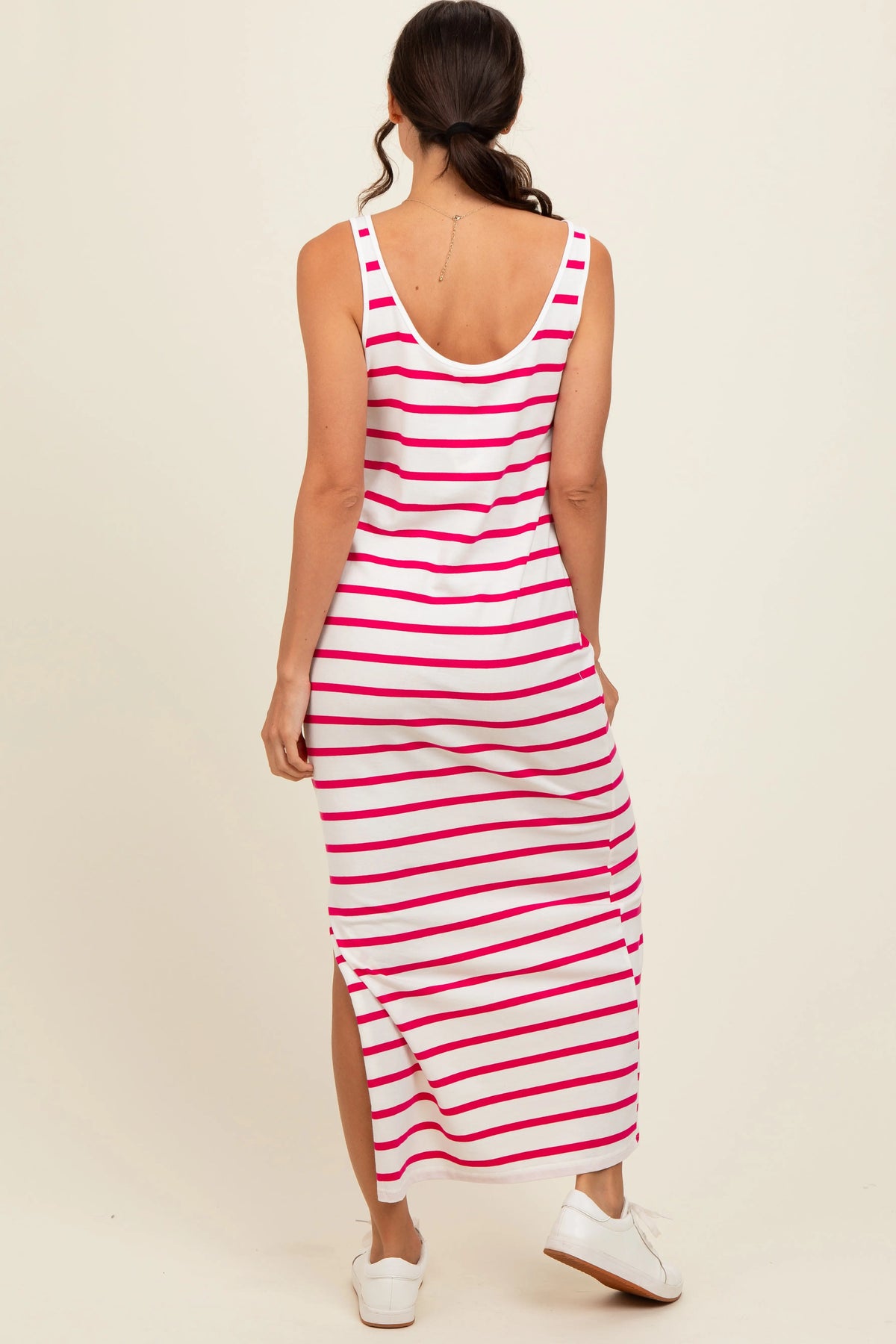Fuchsia Striped Sleeveless Side Slit Maxi Dress PinkBlush 