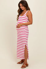 Fuchsia Striped Sleeveless Side Slit Maternity Maxi Dress PinkBlush 