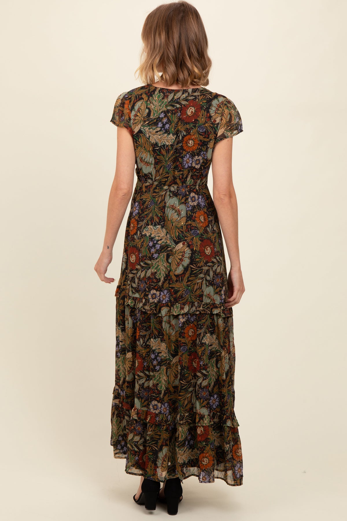Black Floral Deep V-Neck Tiered Maxi Dress by PinkBlush at Everetts Place