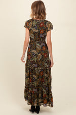 Black Floral Deep V-Neck Tiered Maxi Dress by PinkBlush at Everetts Place