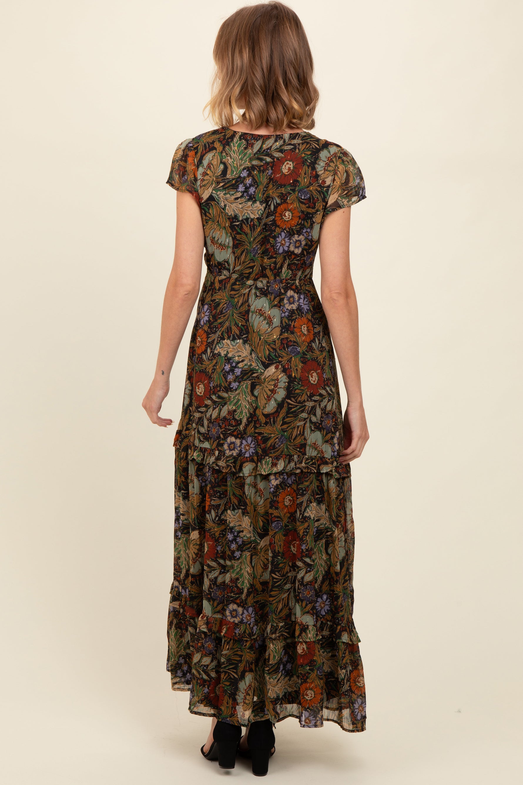 Black Floral Deep V-Neck Tiered Maxi Dress by PinkBlush at Everetts Place