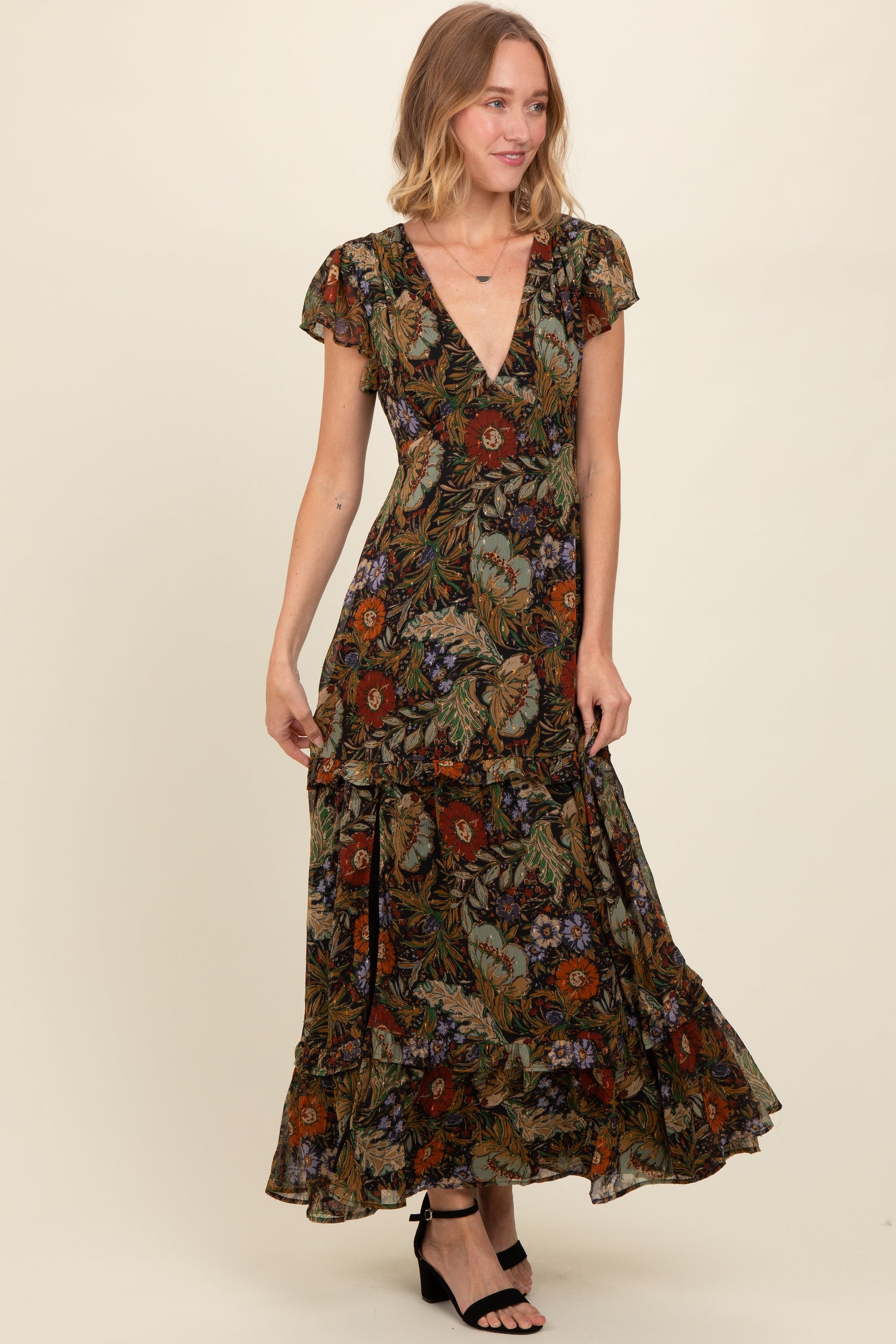 Black Floral Maxi Dress - Tiered V-Neck