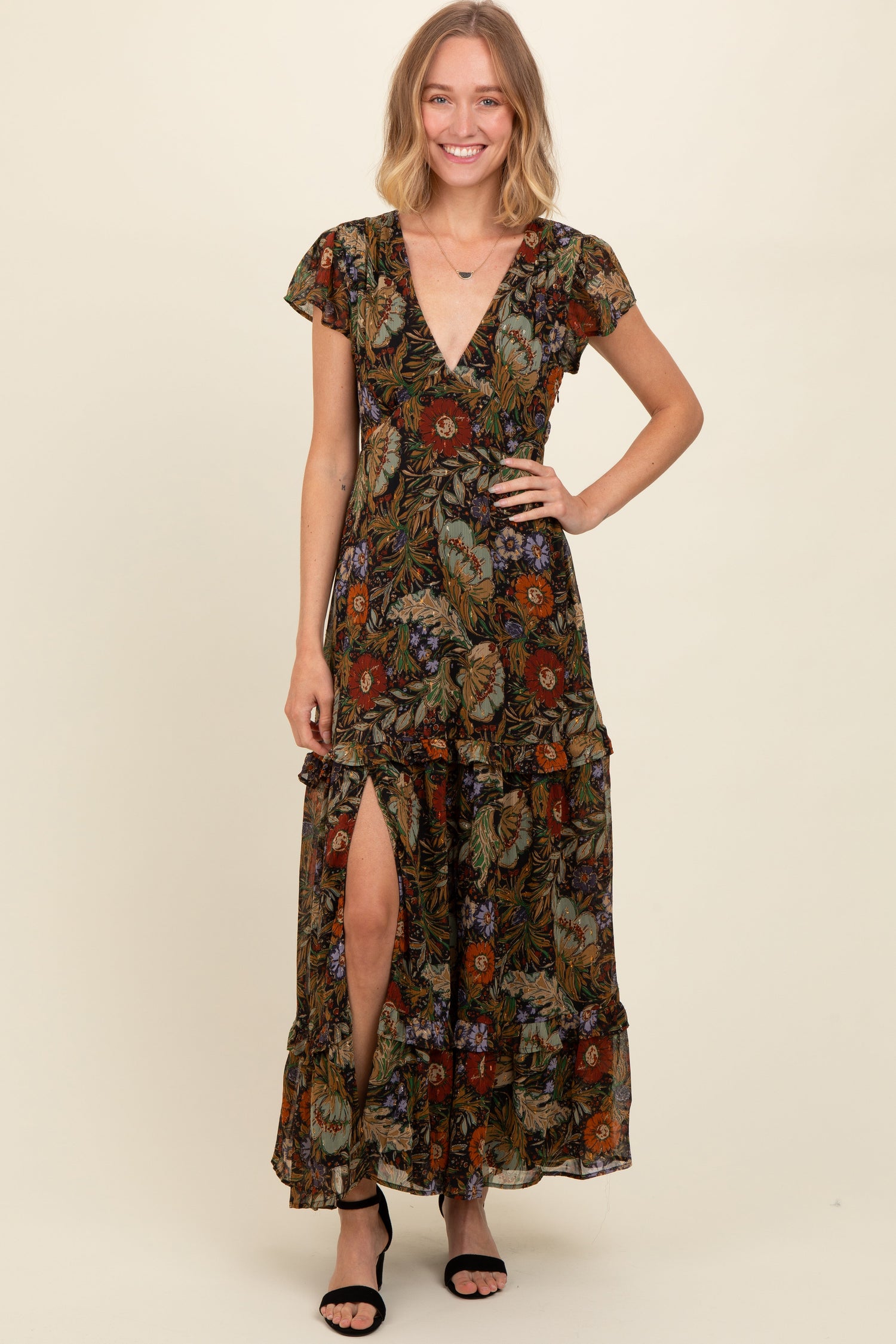 Black Floral Maxi Dress - Tiered V-Neck