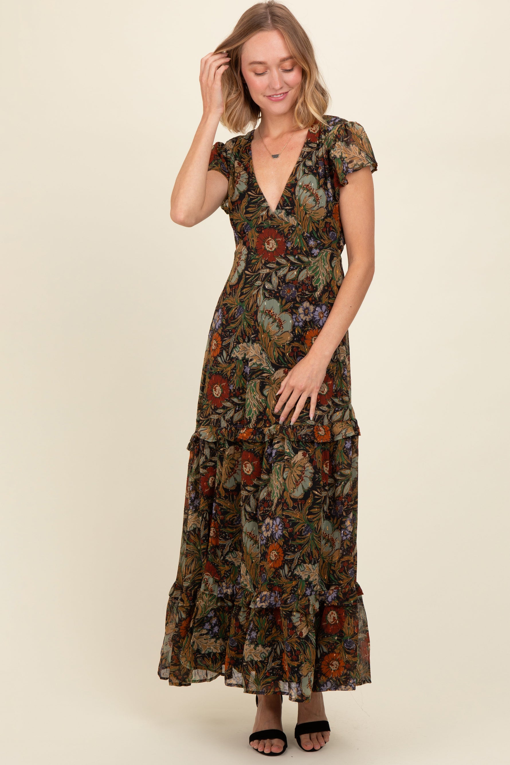 Black Floral Deep V-Neck Tiered Maxi Dress by PinkBlush at Everetts Place
