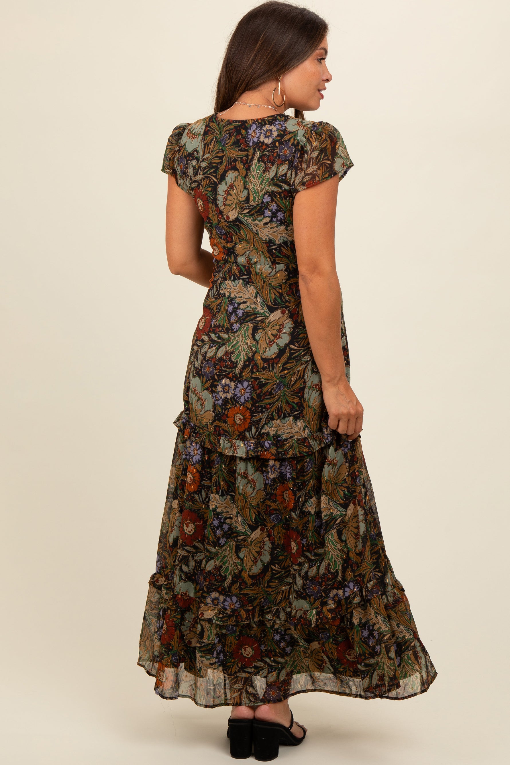 Black Floral Deep V-Neck Tiered Maternity Maxi Dress by PinkBlush at Everetts Place