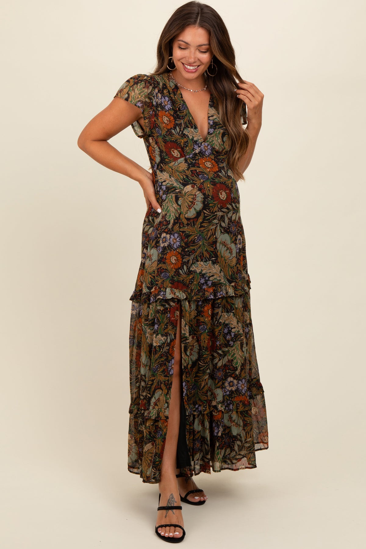 Black Floral Deep V-Neck Tiered Maternity Maxi Dress by PinkBlush at Everetts Place