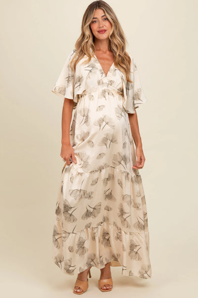 Elegant Floral Maternity Maxi Dress with Deep V Neck for Expecting Mothers