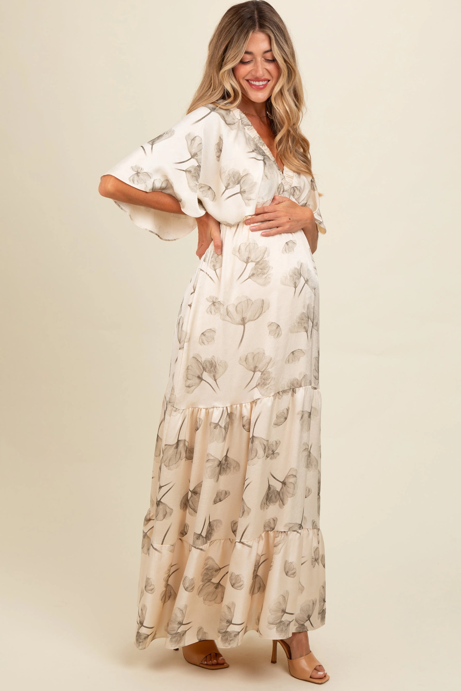 PinkBlush Elegant Floral Maternity Maxi Dress with Deep V Neck for Expecting Mothers - Apparel & Accessories > Clothing > Dresses