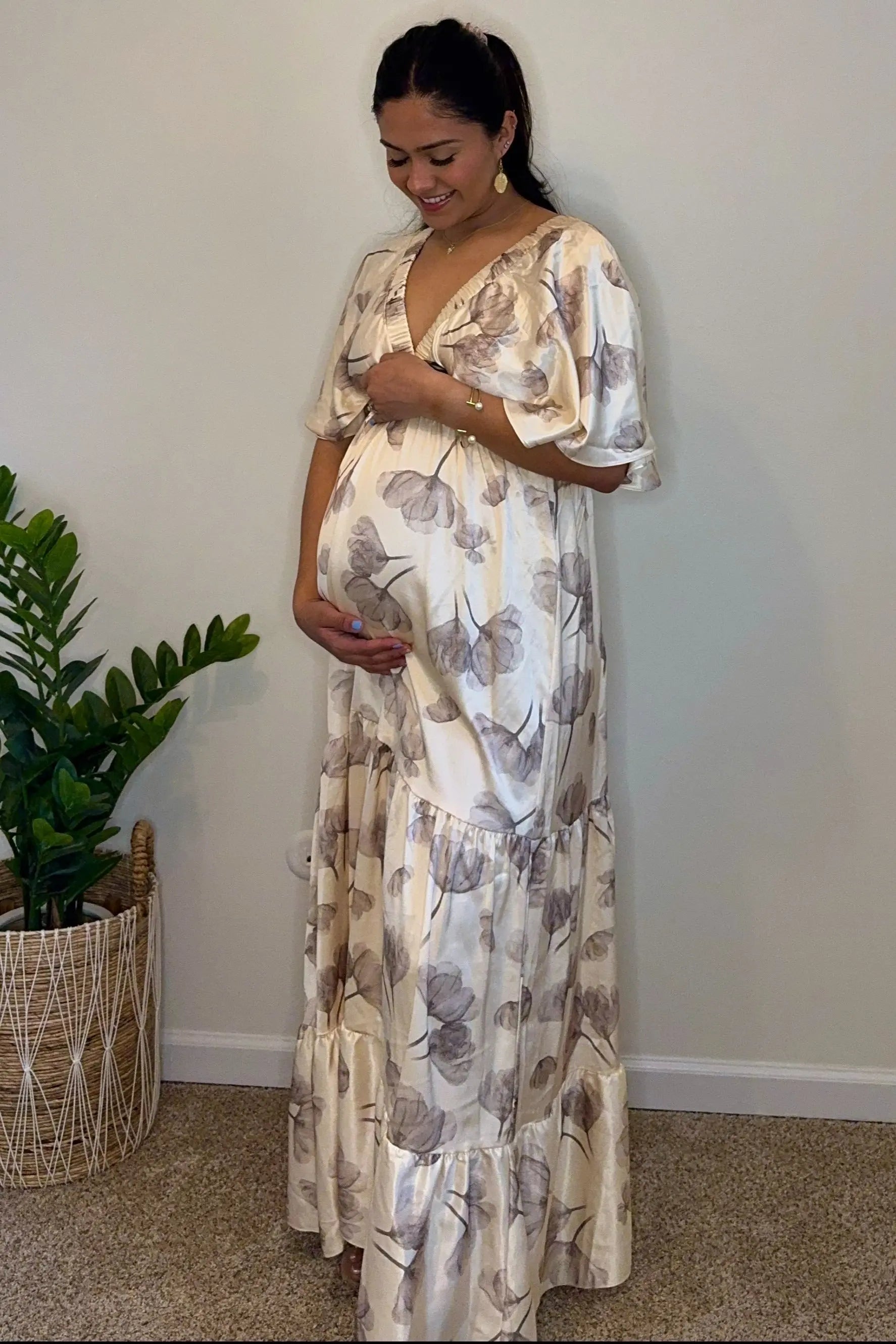 PinkBlush Elegant Floral Maternity Maxi Dress with Deep V Neck for Expecting Mothers - Apparel & Accessories > Clothing > Dresses