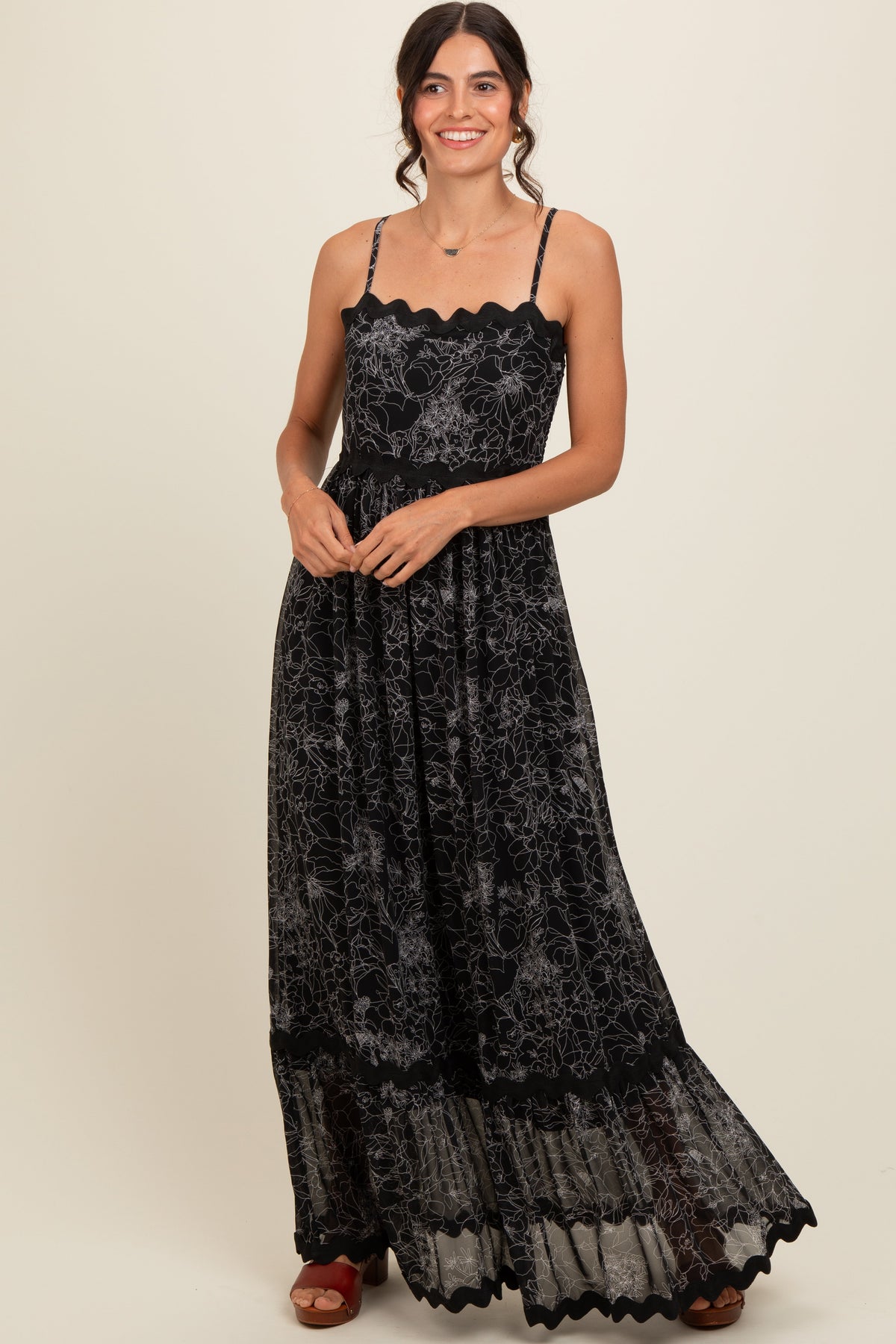 PinkBlush Black Floral Contrast Trim Maternity Maxi Dress worn by a pregnant model.