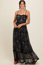 PinkBlush Black Floral Contrast Trim Maternity Maxi Dress worn by a pregnant model.