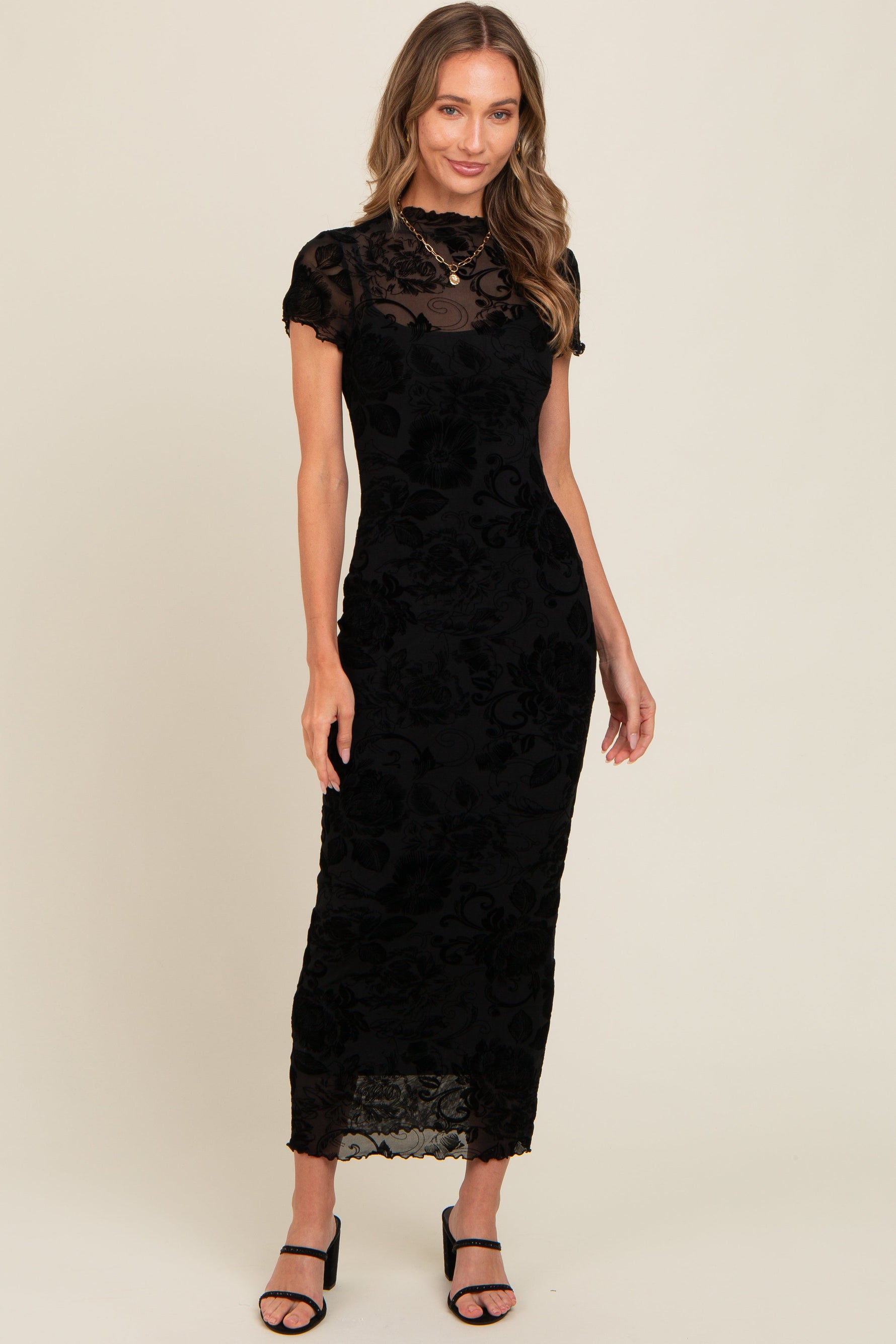 Black Floral Mesh Overlay Fitted Maxi Dress by PinkBlush (view 1 of 4)