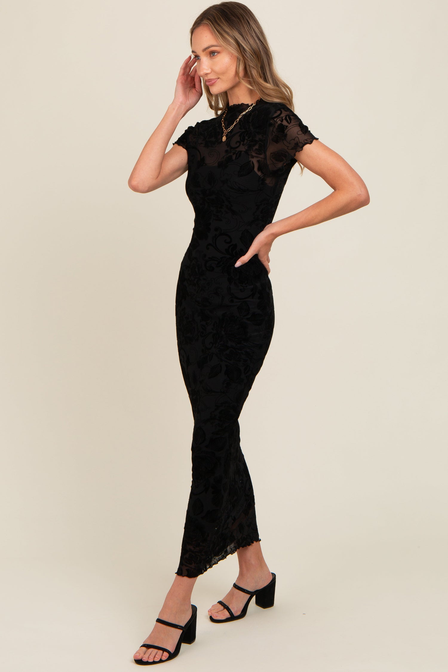 Black Floral Mesh Overlay Fitted Maxi Dress by PinkBlush (view 2 of 4)