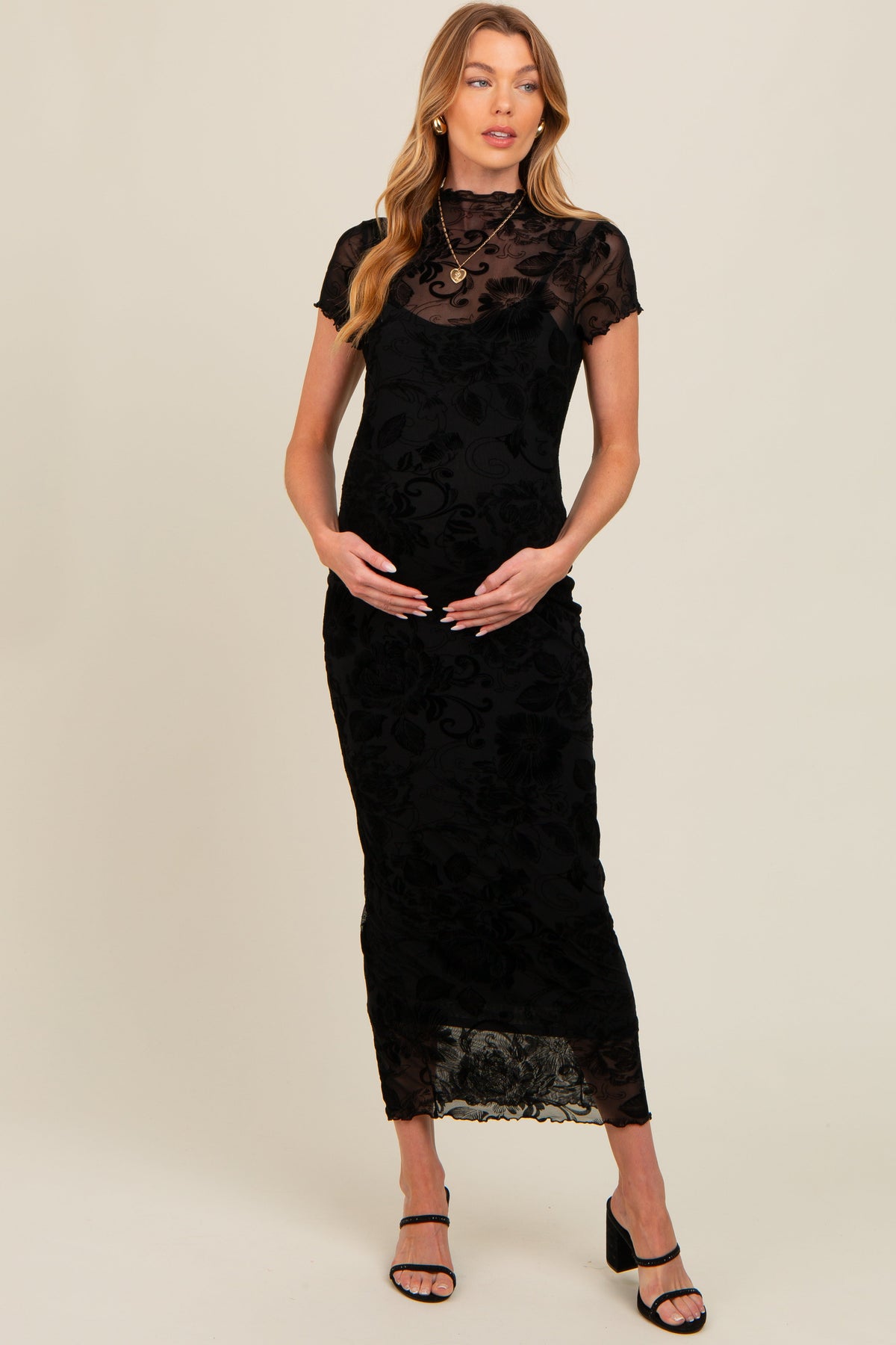 Black Floral Mesh Overlay Maternity Maxi Dress by PinkBlush (view 1 of 6)