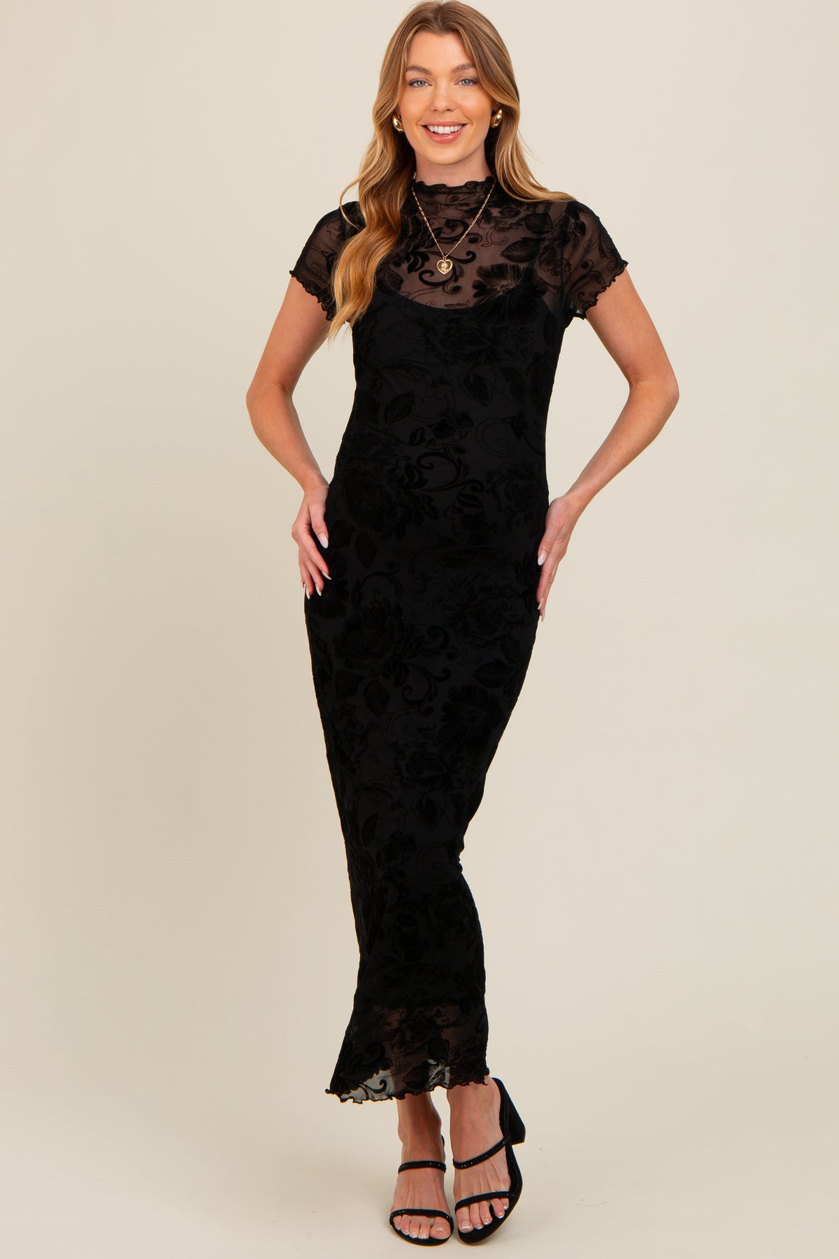 Black Floral Mesh Overlay Maternity Maxi Dress by PinkBlush (view 2 of 6)