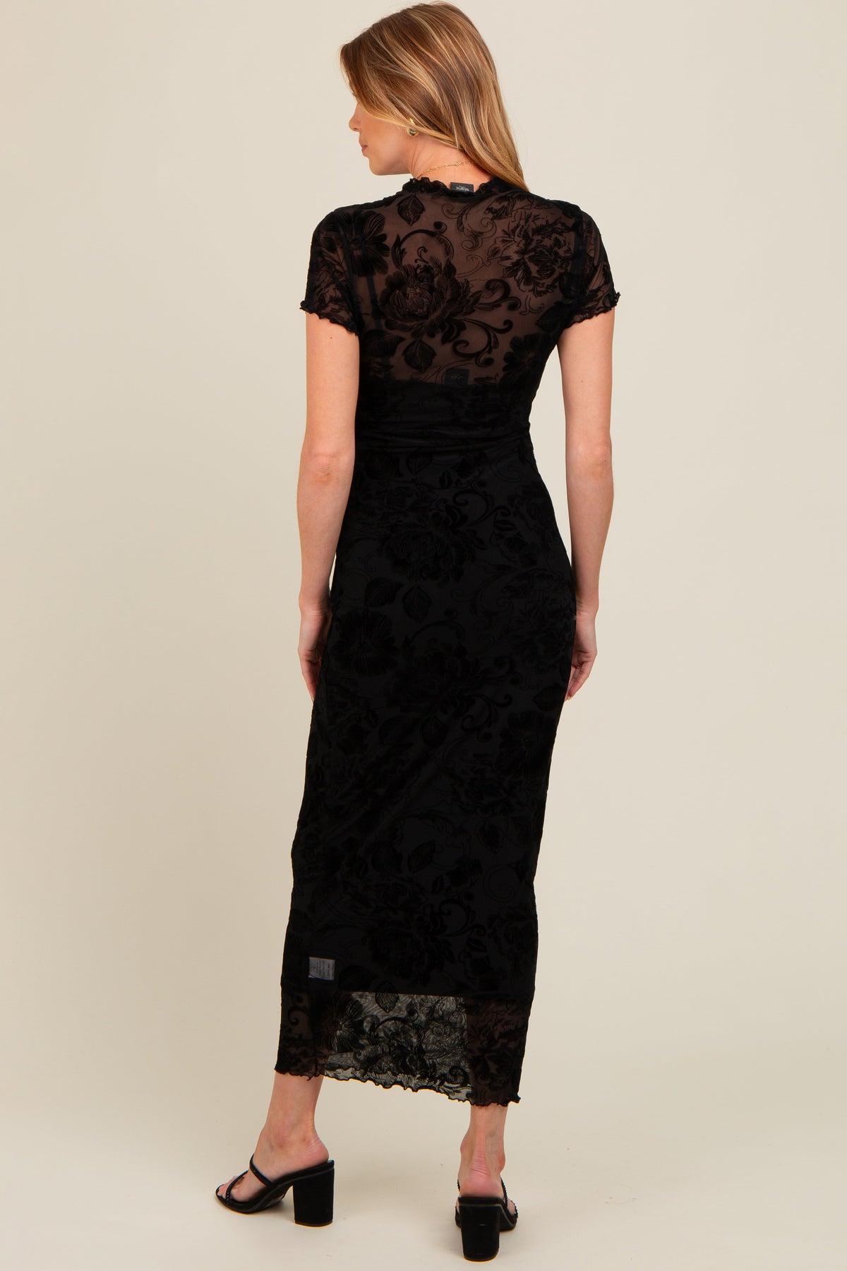 Black Floral Mesh Overlay Maternity Maxi Dress by PinkBlush (view 4 of 6)