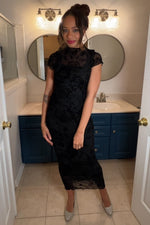 Black Floral Mesh Overlay Fitted Maxi Dress by PinkBlush (view 4 of 4)
