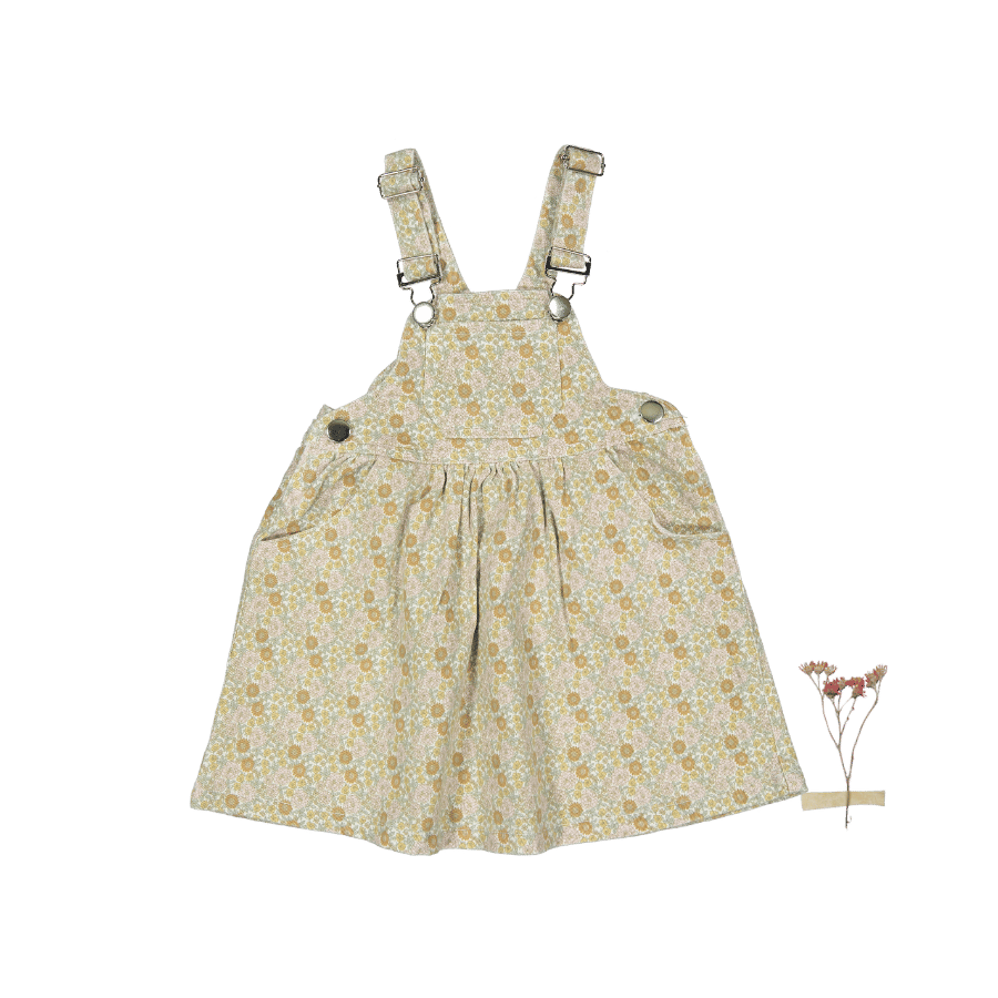 Kids' denim overall dress in a Meadow floral print.