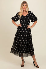 PinkBlush PinkBlush Black Floral Puff Sleeve Maternity Midi Dress for Expecting Mothers - Apparel & Accessories > Clothing > Dresses