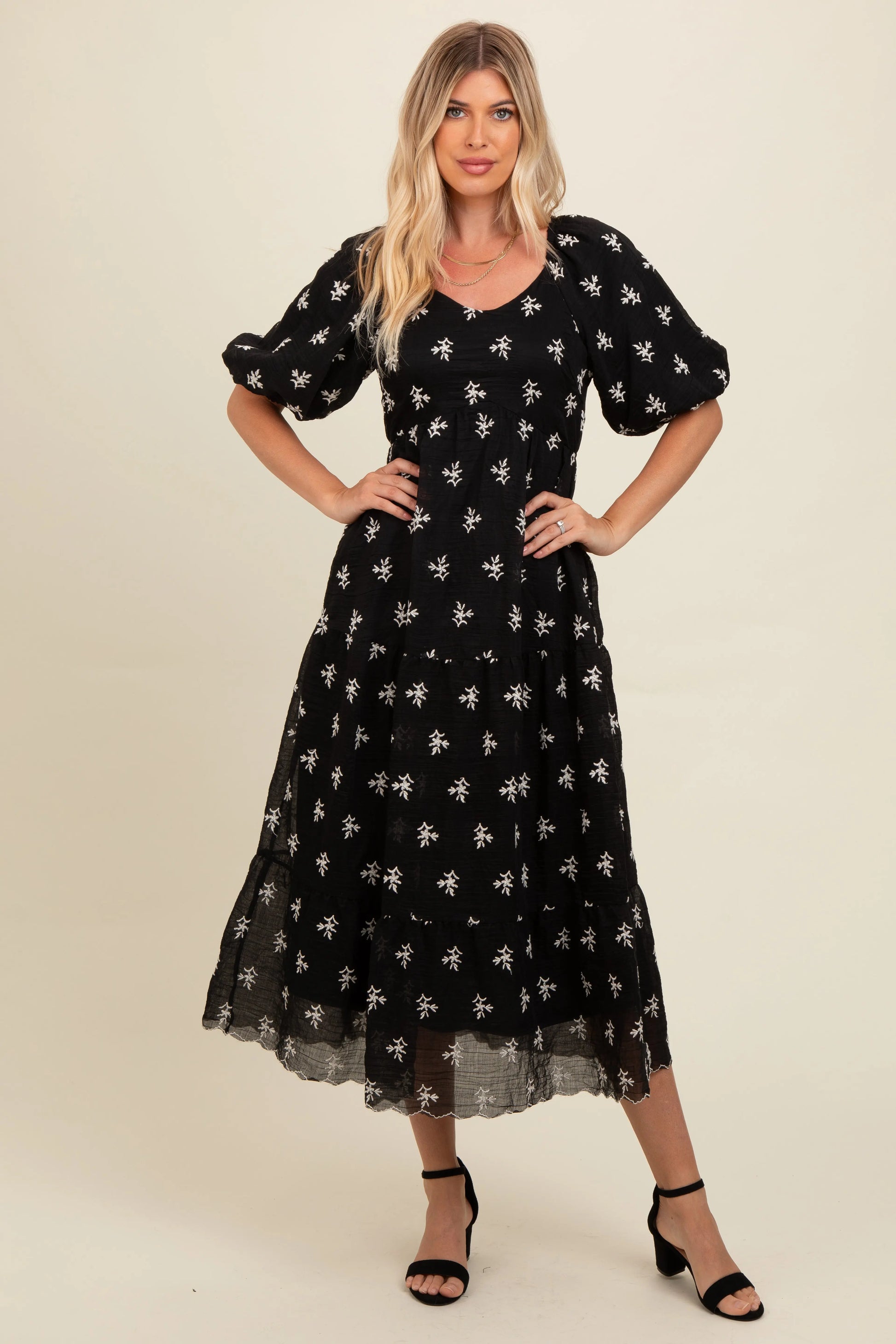 PinkBlush PinkBlush Black Floral Puff Sleeve Maternity Midi Dress for Expecting Mothers - Apparel & Accessories > Clothing > Dresses