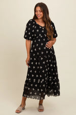 PinkBlush PinkBlush Black Floral Puff Sleeve Maternity Midi Dress for Expecting Mothers - Apparel & Accessories > Clothing > Dresses